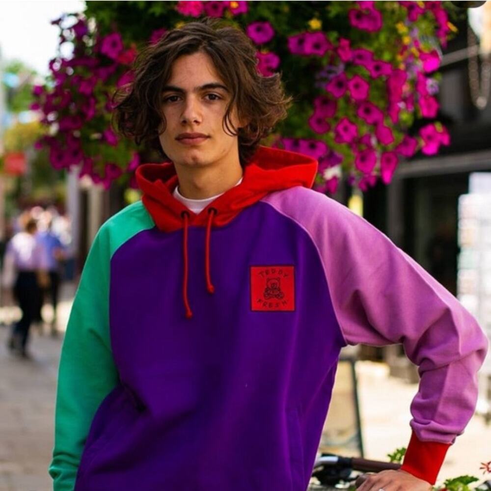 Teddy Fresh Color Block Hoodie Original Sweatshirt Unisex Small Colorful Purple